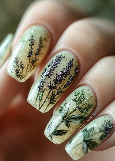 Elegant lavender botanical nail art with detailed floral designs and glossy finish.