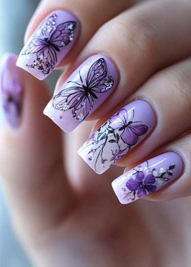 Elegant lavender nail art with intricate butterfly and floral designs for a stunning look.