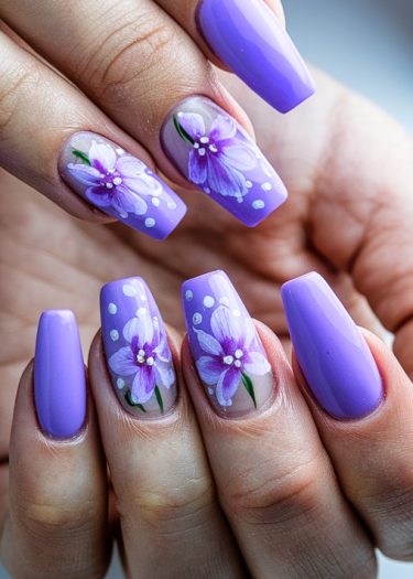 Elegant lavender coffin nails with floral nail art and dewdrop detailing for a stylish look.