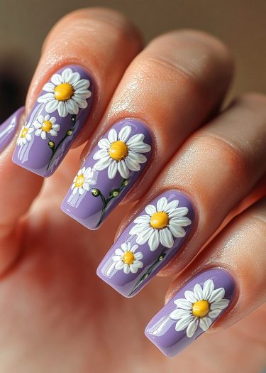 Lavender nail art featuring intricate daisies for a vibrant floral manicure look.