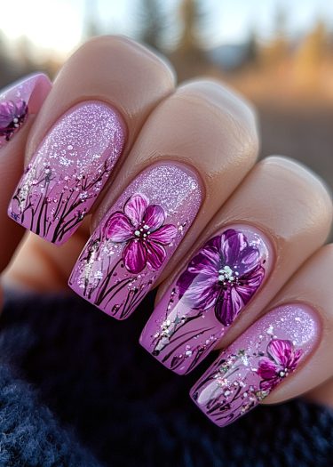 Lavender floral nail art on pastel pink nails, featuring intricate designs and shimmer.