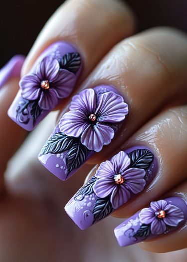 Lavender floral nail art with 3D flowers, gemstones, and intricate design details.