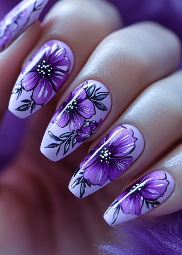 Elegant lavender floral nail art featuring intricate purple designs and glossy almond-shaped nails.