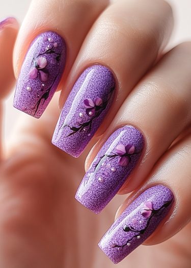 Elegant lavender floral nail art with intricate designs and shimmering finish.