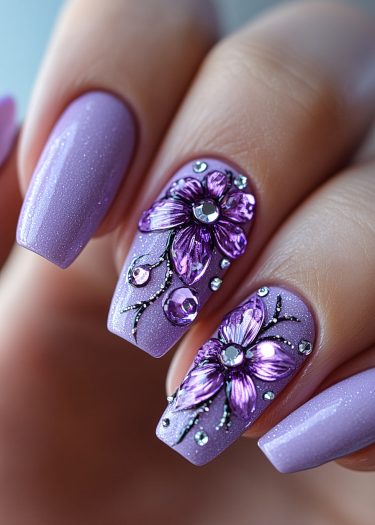 Elegant lavender floral nail art with 3D designs and sparkling rhinestones for a sophisticated look.