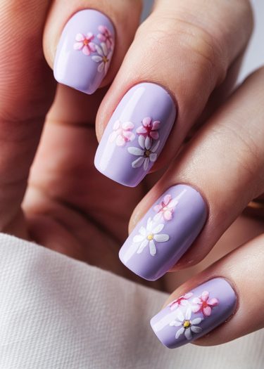 Elegant lavender floral nail art with intricate designs on a manicured hand.