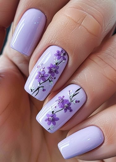 Elegant lavender nails with floral art design, perfect for sophisticated nail fashion.