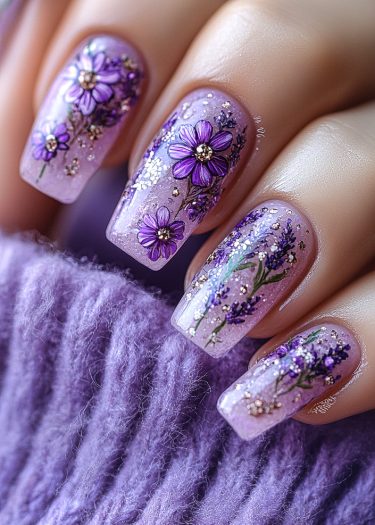 Elegant lavender floral nail art with gold glitter, showcasing intricate designs and refined aesthetics.