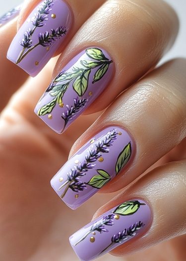 Lavender floral nail art with intricate designs and glossy lilac finish for elegant nails.