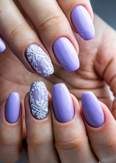 Elegant lavender nails with intricate floral nail art for a stylish manicure.