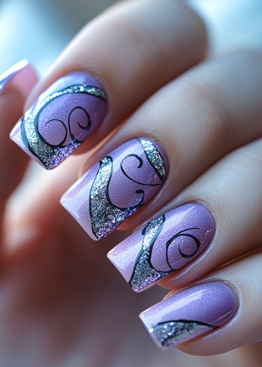 Elegant lavender nail art with intricate black designs and shimmering silver accents.