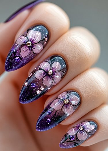 Elegant lavender gradient stiletto nails with floral designs, rhinestones, and glitter accents.