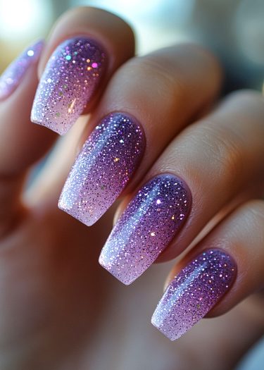 Elegant lavender ombre nails with glitter, showcasing a trendy coffin shape manicure.