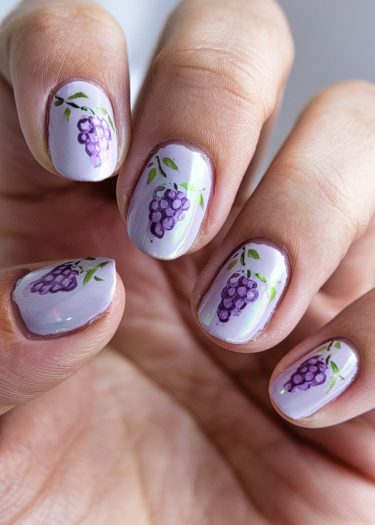 Elegant lavender nail art featuring intricate grape designs and fresh green leaves.