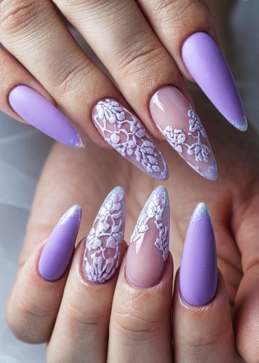 Elegant lilac almond nails with white lace design, perfect for modern nail art inspiration.