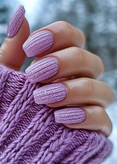 Elegant lavender nails with glitter, gently holding a cozy knit sweater in a dreamy background.