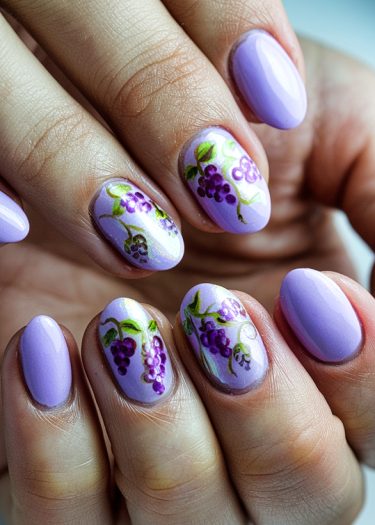 Elegant lavender nail art featuring intricate grapevine designs and glossy finish.