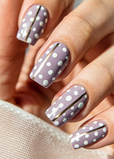 Elegant lavender polka dot nails with metallic accents showcase chic and playful nail art.