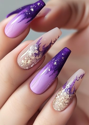 Elegant lavender purple stiletto nails adorned with shimmering gold glitter accents.