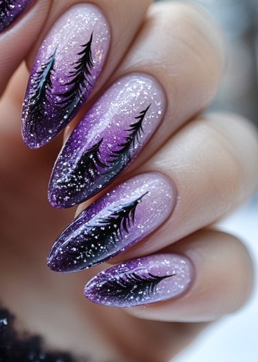 Lavender purple ombre nails with black pine tree designs and sparkling winter glitter.