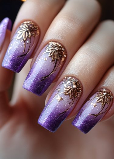 Elegant lavender-purple ombre nails with golden floral designs and shimmering accents.