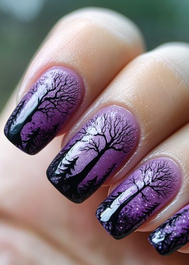 Elegant lavender and purple tree nail art featuring intricate winter forest silhouettes.