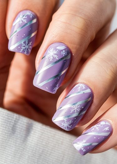 Lavender snowflake nail art featuring elegant silver stripes for a festive winter look.