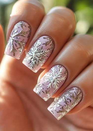 Elegant lavender snowflake nails with shimmering glitter, perfect for a winter manicure.