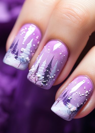 Lavender winter nail art featuring ombre design, pine trees, and delicate snowflakes.