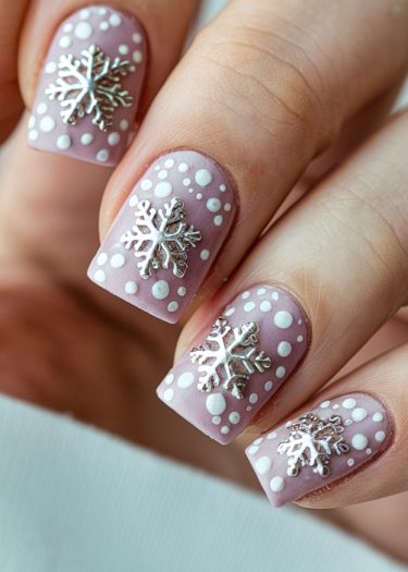 Elegant lavender winter nail art featuring polka dots and silver snowflakes for a chic look.