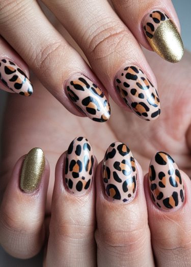 Stylish leopard print manicure with metallic gold accents and elegant almond-shaped nails.