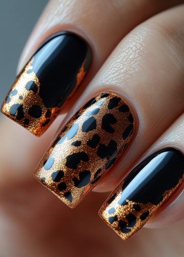 Gorgeous leopard print nails with glossy black base and shimmering gold spots.