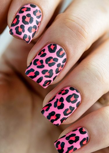 Vibrant leopard print nail art on well-manicured pink nails, showcasing bold patterns and colors.