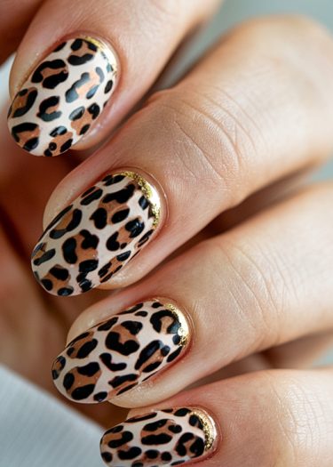 Elegant leopard print nail art with gold glitter accents on almond-shaped nails.