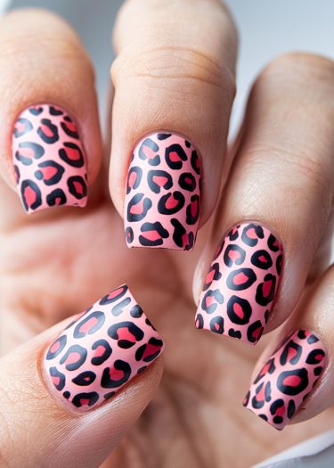 Vibrant leopard print nail art on matte pink nails, showcasing stylish and chic manicure design.