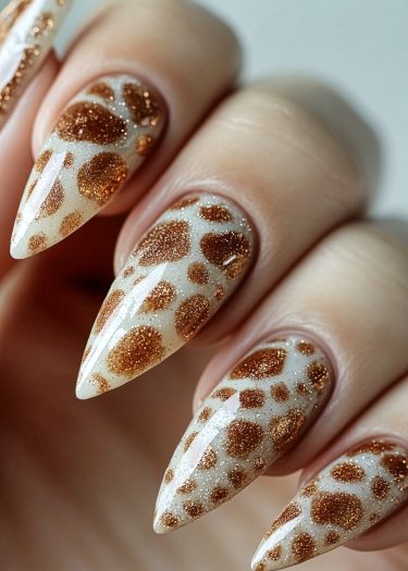 Stylish leopard print stiletto nails with glittering golden-brown spots on a cream base.