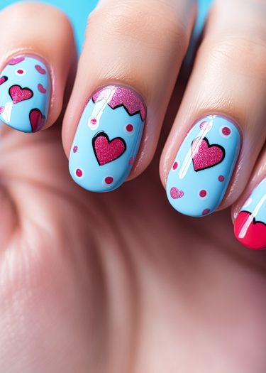 Colorful pastel blue heart nail art with sparkling pink accents and playful polka dots.