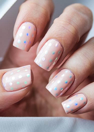 Elegant pastel pink nail art with iridescent polka dots for a stylish manicure.