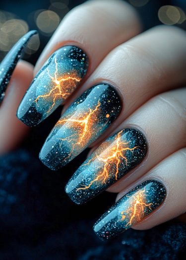 Vibrant lightning nail art on glossy black background with celestial star accents.