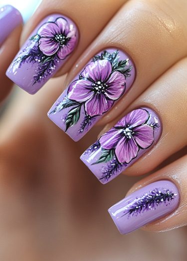 Elegant lilac floral nail art with intricate blooms and details, perfect for any occasion.