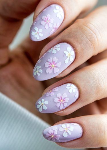 Elegant lavender almond-shaped nails featuring intricate floral nail art design.