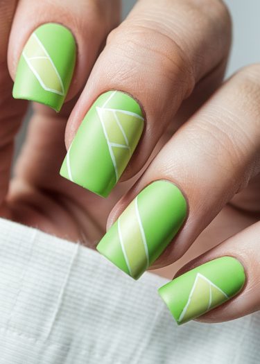 Vibrant matte green nails with geometric white designs showcase modern nail art elegance.