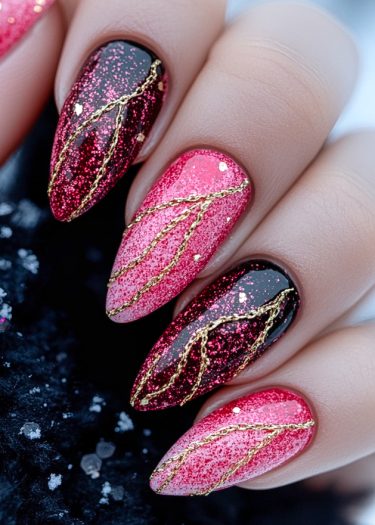 Stiletto gradient nails with gold accents and glitter for a glamorous, festive look.