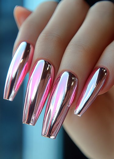 Elegant long chrome nails with a reflective finish, showcasing modern style and sophistication.