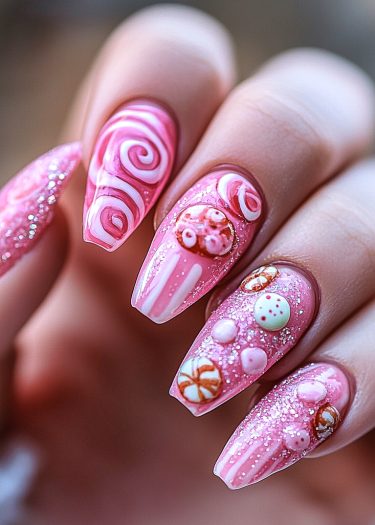 Intricate pink stiletto nail art with candy themes, swirls, and glitter accents.