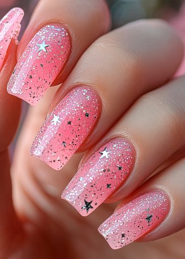 Stylish long pink ombre nails with glitter and star embellishments for a glamorous look.