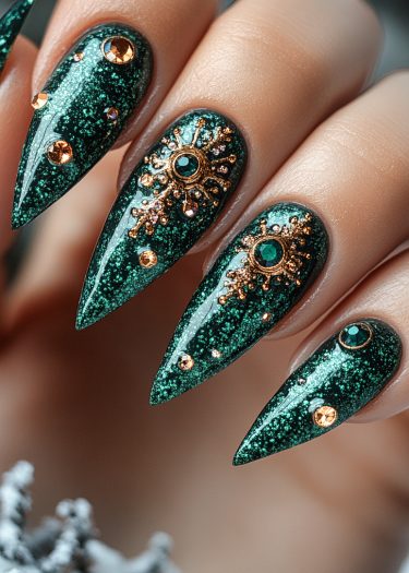 Luxurious green nail art with gold embellishments and rhinestones against a frosty winter backdrop.