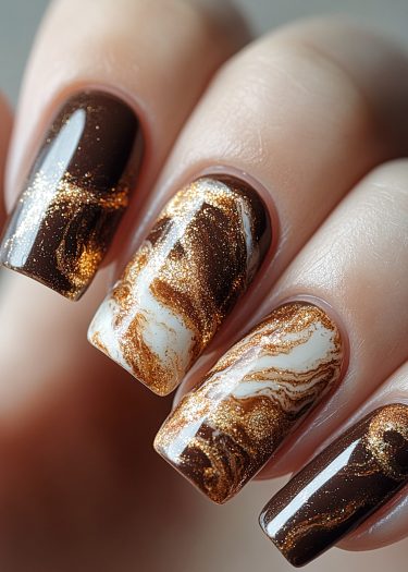 Luxurious marble nail art featuring rich browns, gold accents, and elegant swirls for a chic look.