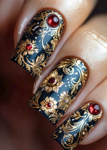 Elegant black and gold nail art design with floral motifs and sparkling rhinestones.