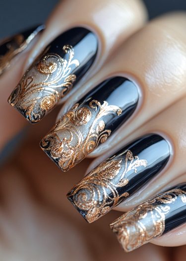 Elegant black and gold nail art design showcasing intricate patterns and luxurious craftsmanship.